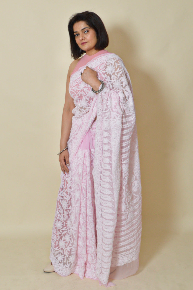 Baby Pink Colour Georgette Lucknowi Chikankari Saree With Blouse