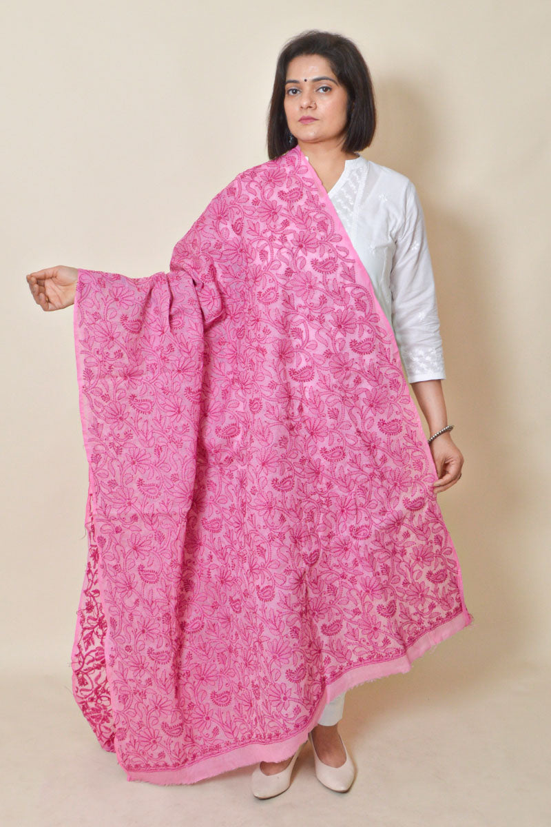 Pink color cotton Allover  Lucknowi Chikankari Dupatta