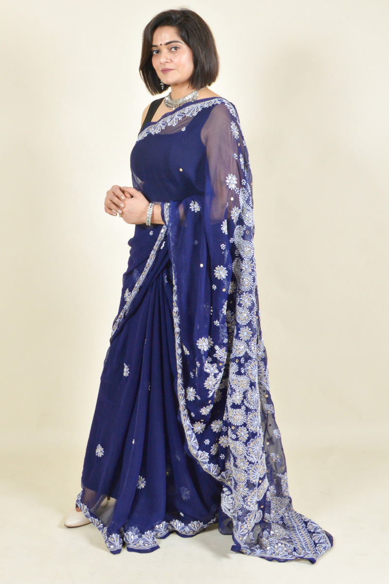 NAVY BLUE color Lucknowi Chikankari Georgette SAREE