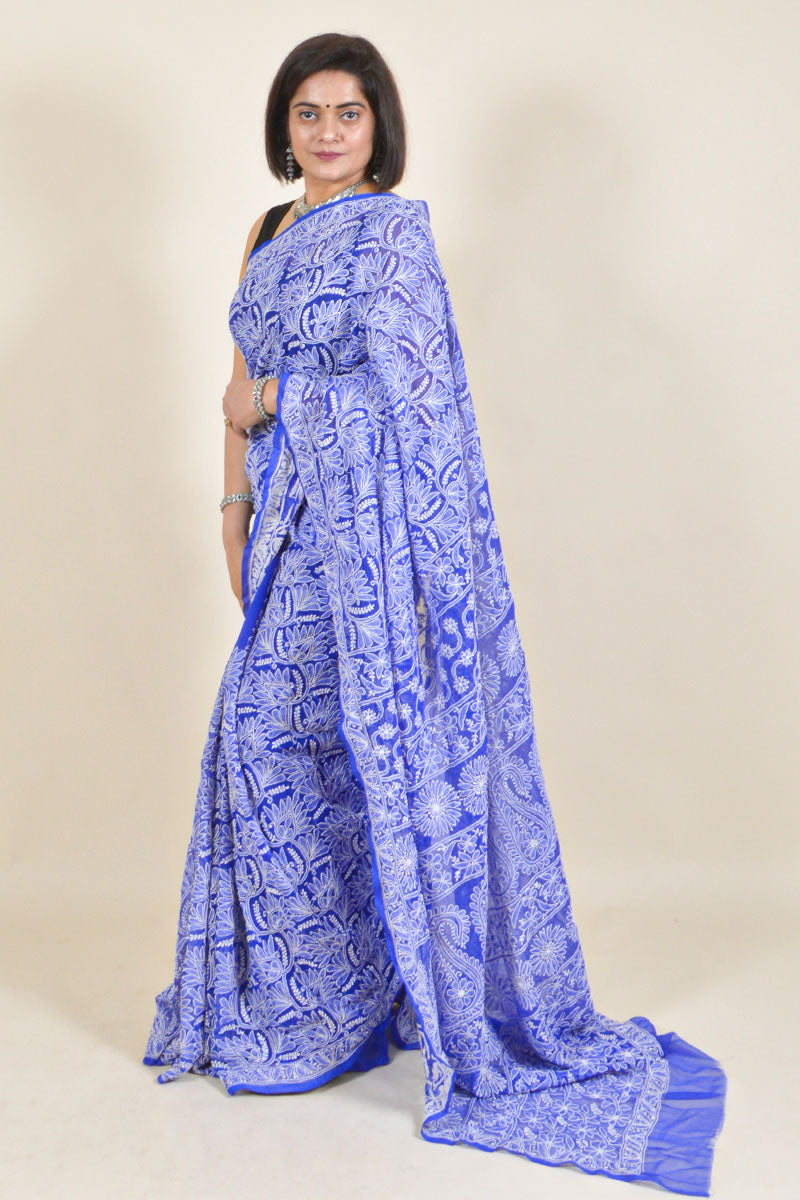 INK Blue COLOUR GEORGETTE LUCKNOWI CHIKANKARI SAREE WITH BLOUSE