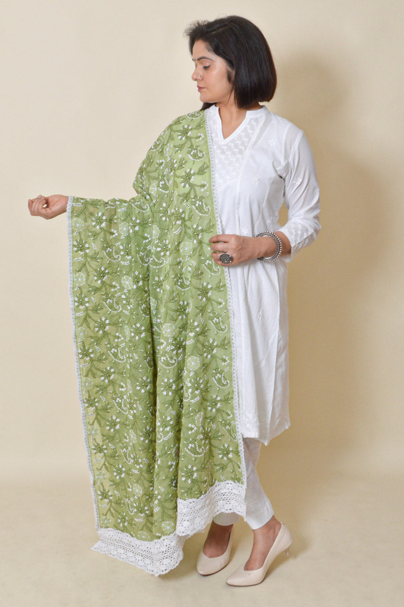 Green color cotton Allover Lucknowi Chikankari Dupatta