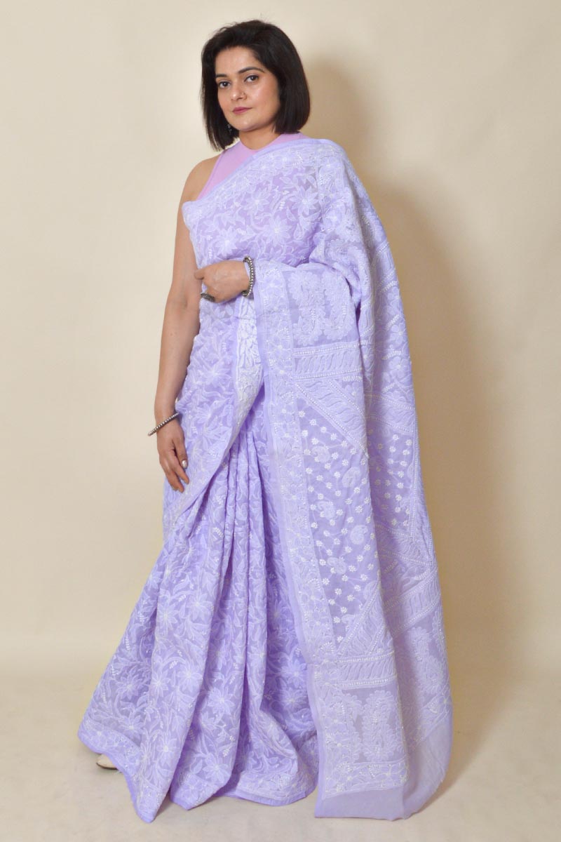 Lavender Colour Cotton Lucknowi Chikankari Saree With Blouse