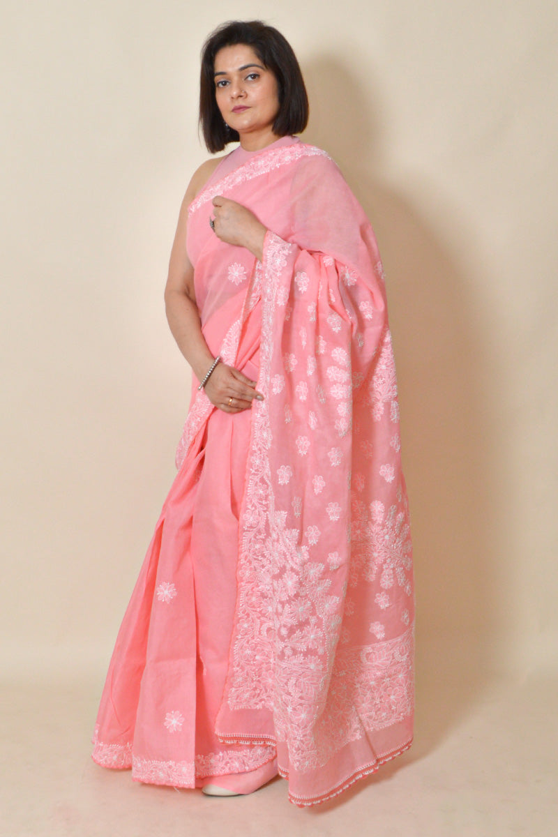 Peach Colour Lucknowi Chikankari Cotton Saree With Blouse