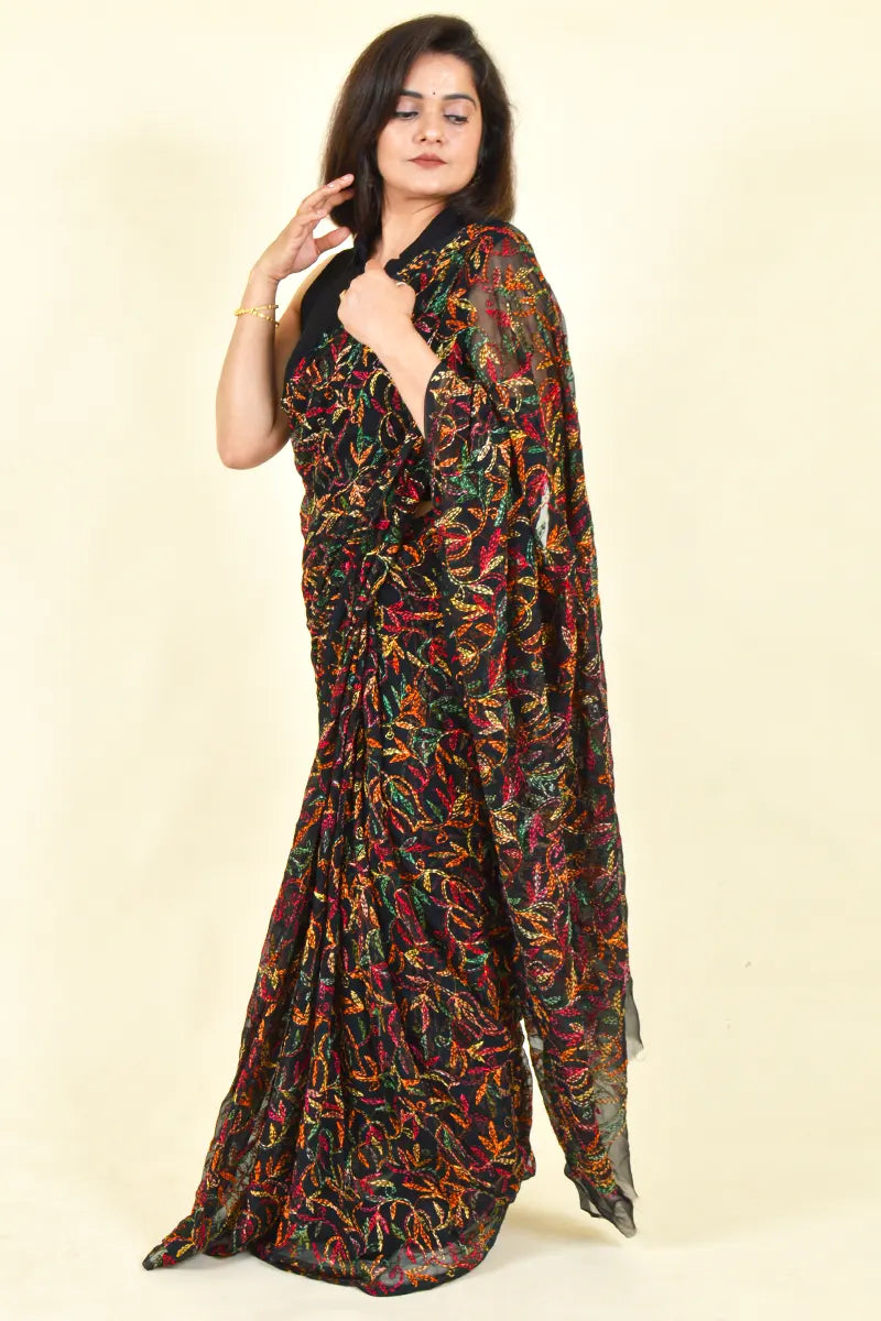 Fabnuma Handcrafted Black Georgette Tepchi Chikankari Saree-Blouse