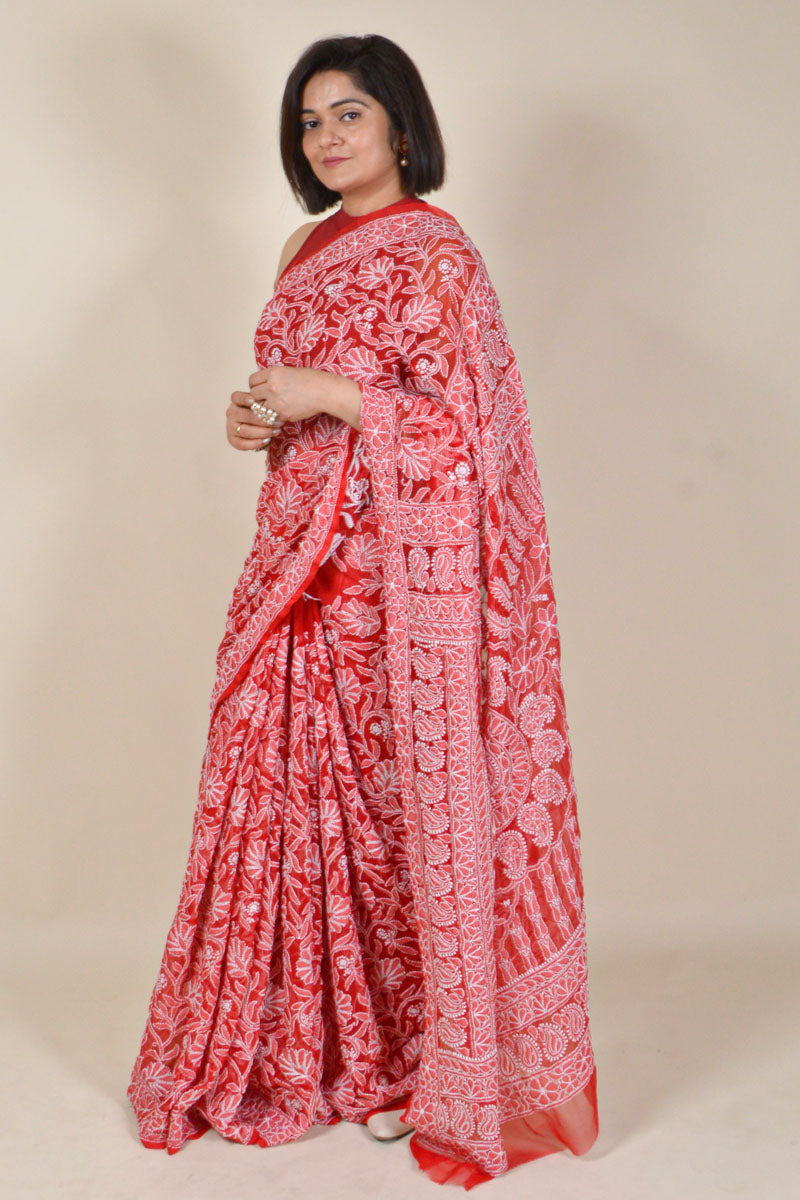 Red Colour Georgette Lucknowi Chikankari saree with Blouse