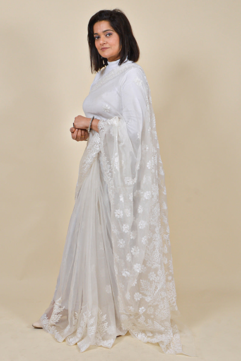 White Color Organza Lucknowi Chikankari Saree With Blouse