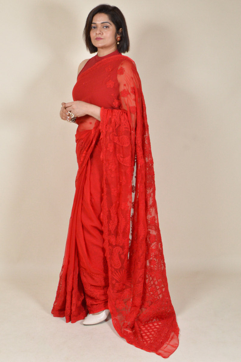 Fabnuma Handcrafted Red Georgette Chikankari Saree-Blouse - Fabnuma