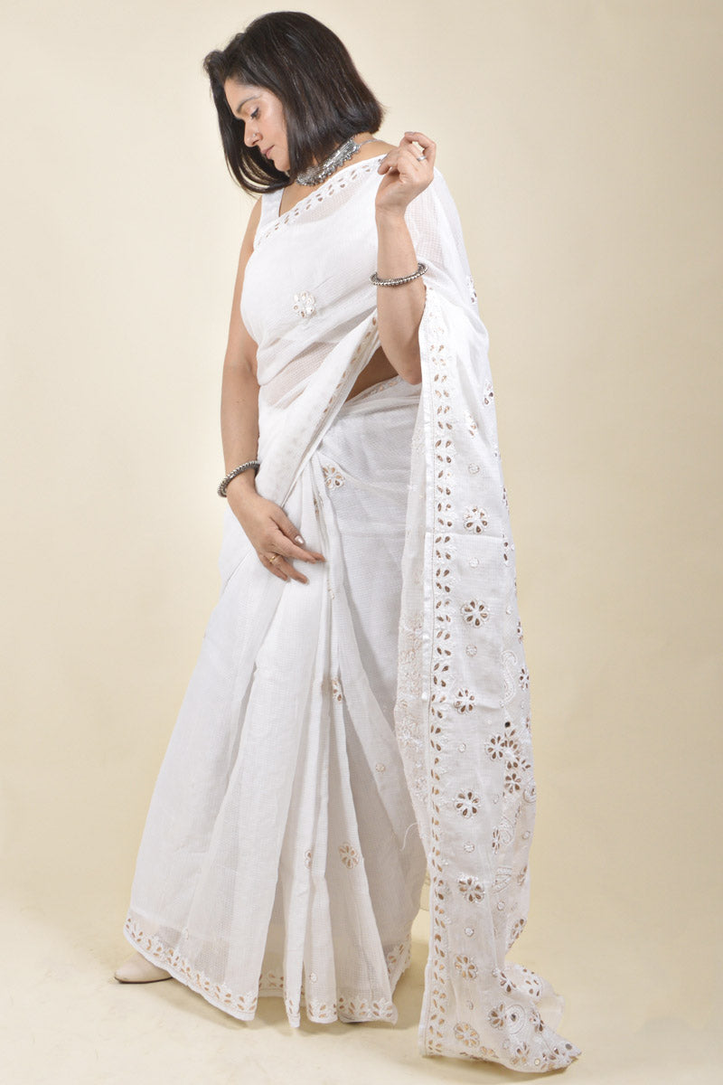 White Color Kota Cotton Lucknowi  Chikankari Saree with Blouse