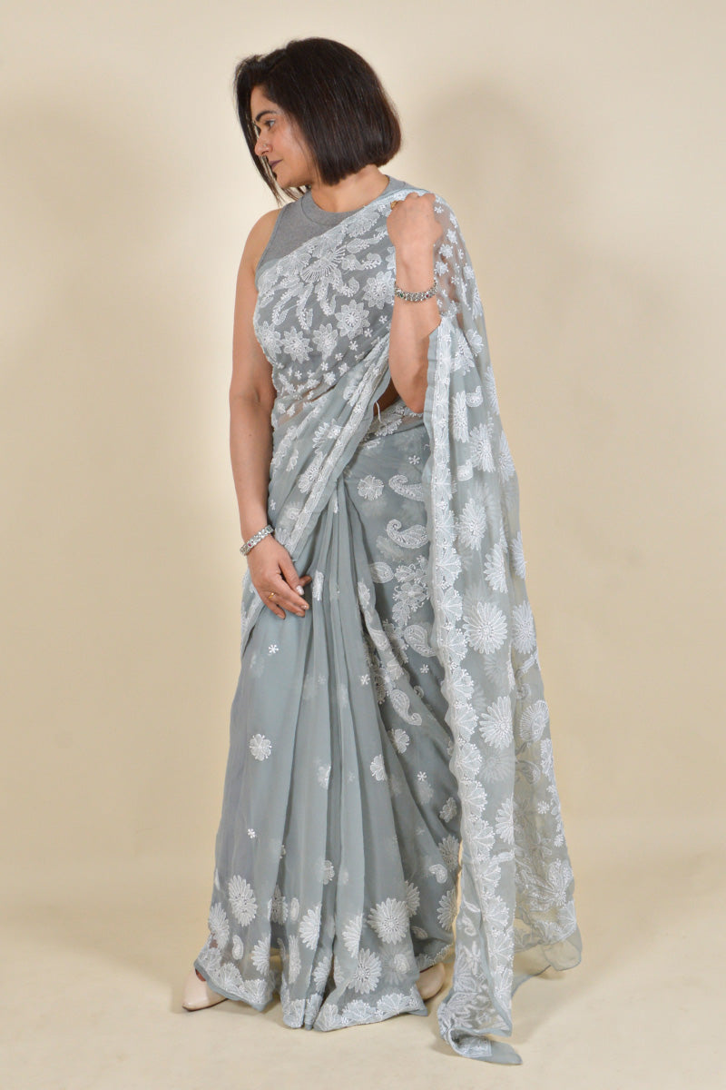 Grey colour Georgette Chikankari saree with Blouse