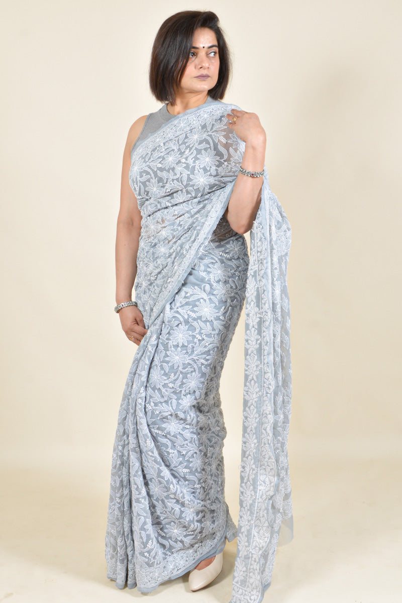 Gray Colour Georgette Chikankari Saree With Blouse