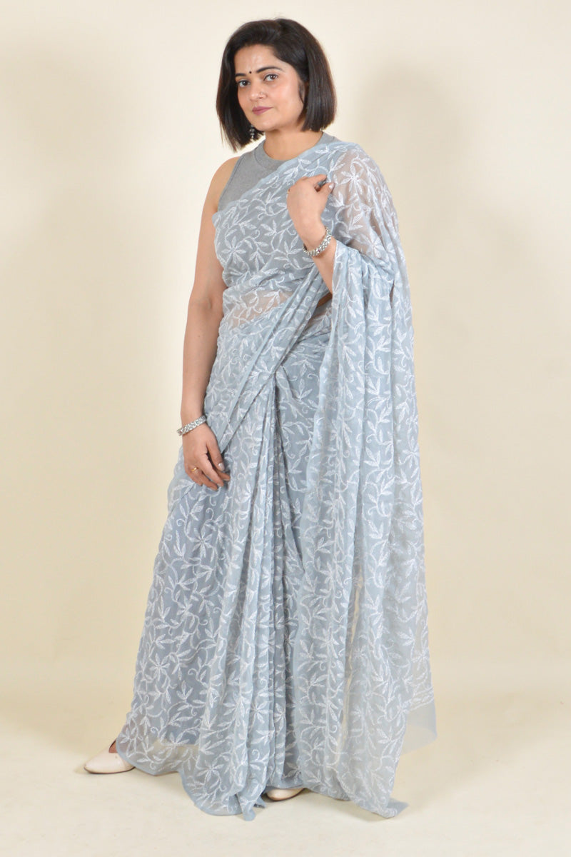 Grey Colour Georgette Tepchi Work Lucknowi Chikankari Saree With Blouse