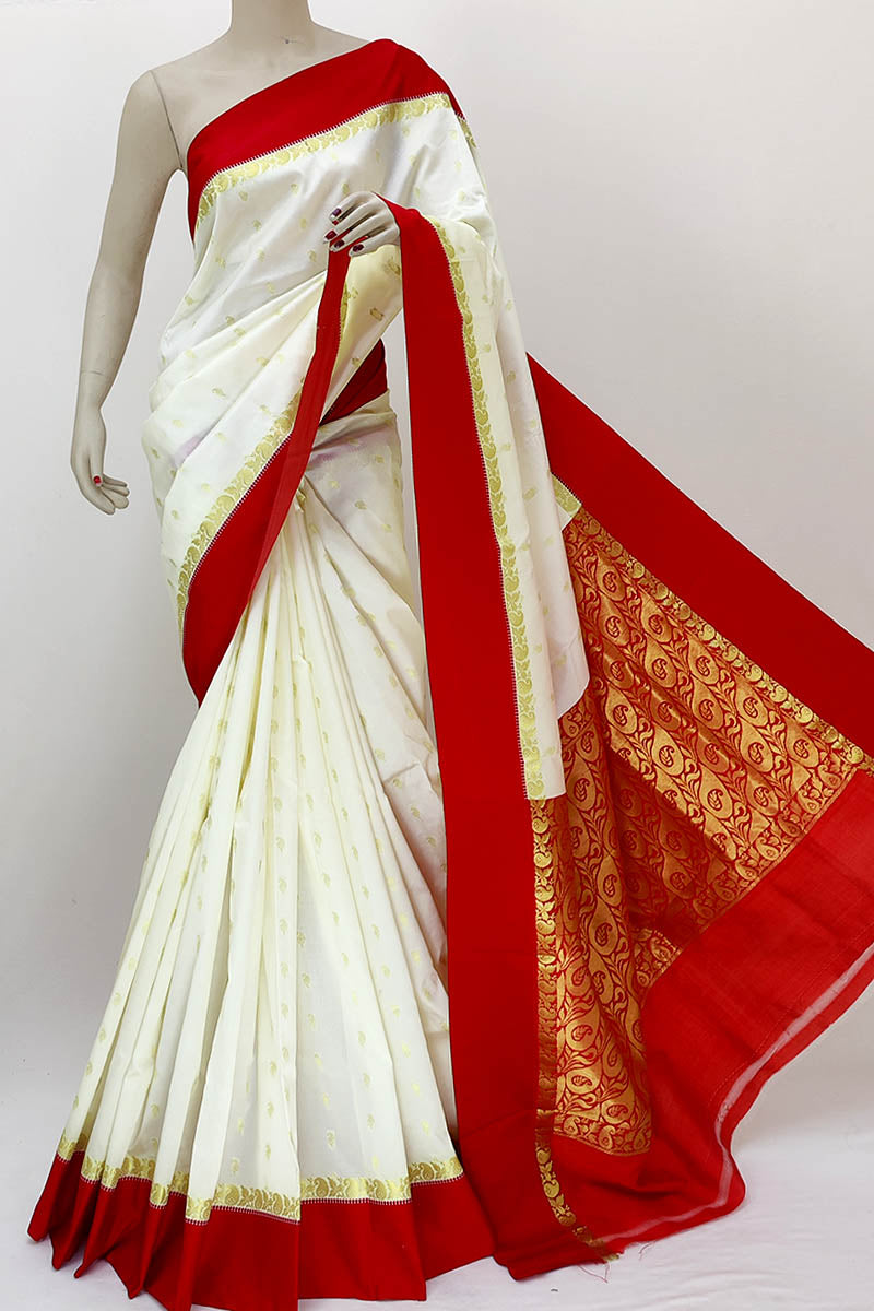 White Red Color Bengal Silk  Handloom Saree