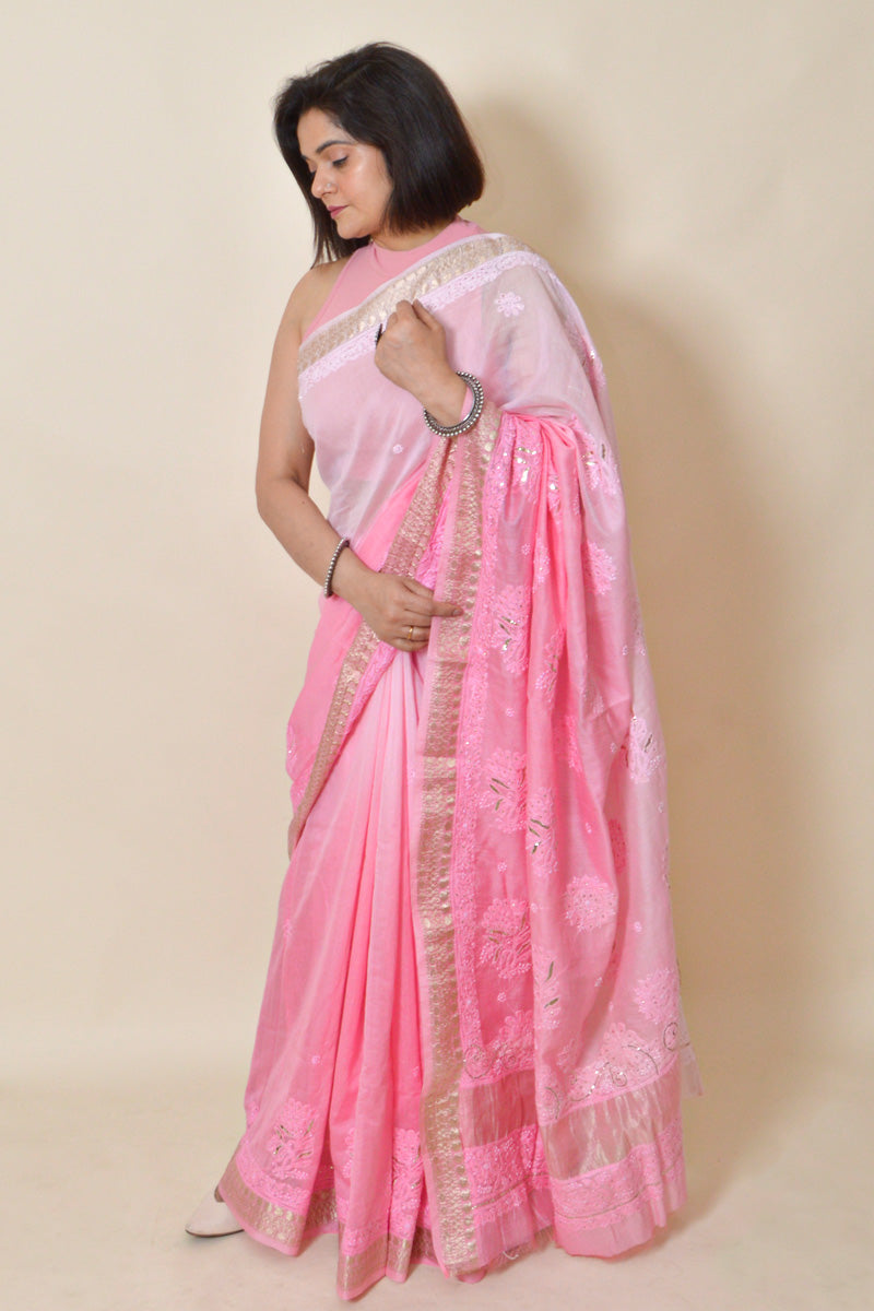 Pink Colour Chanderi Lucknowi Chikankari saree with Blouse