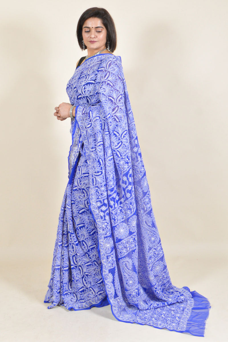 INK Blue COLOUR GEORGETTE LUCKNOWI CHIKANKARI SAREE WITH BLOUSE