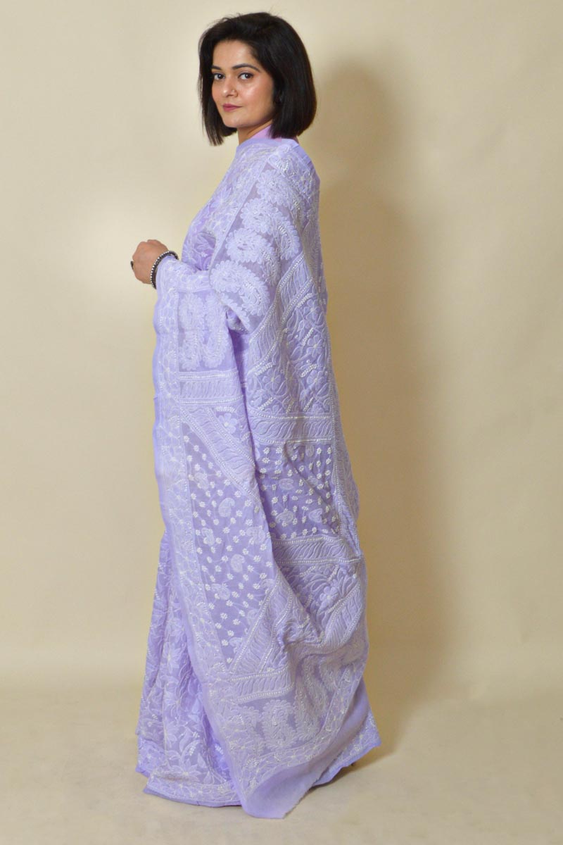 Lavender Colour Cotton Lucknowi Chikankari Saree With Blouse