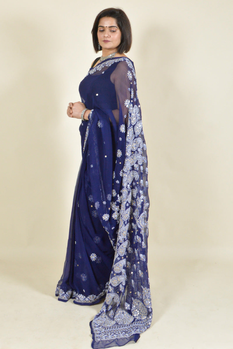 NAVY BLUE color Lucknowi Chikankari Georgette SAREE