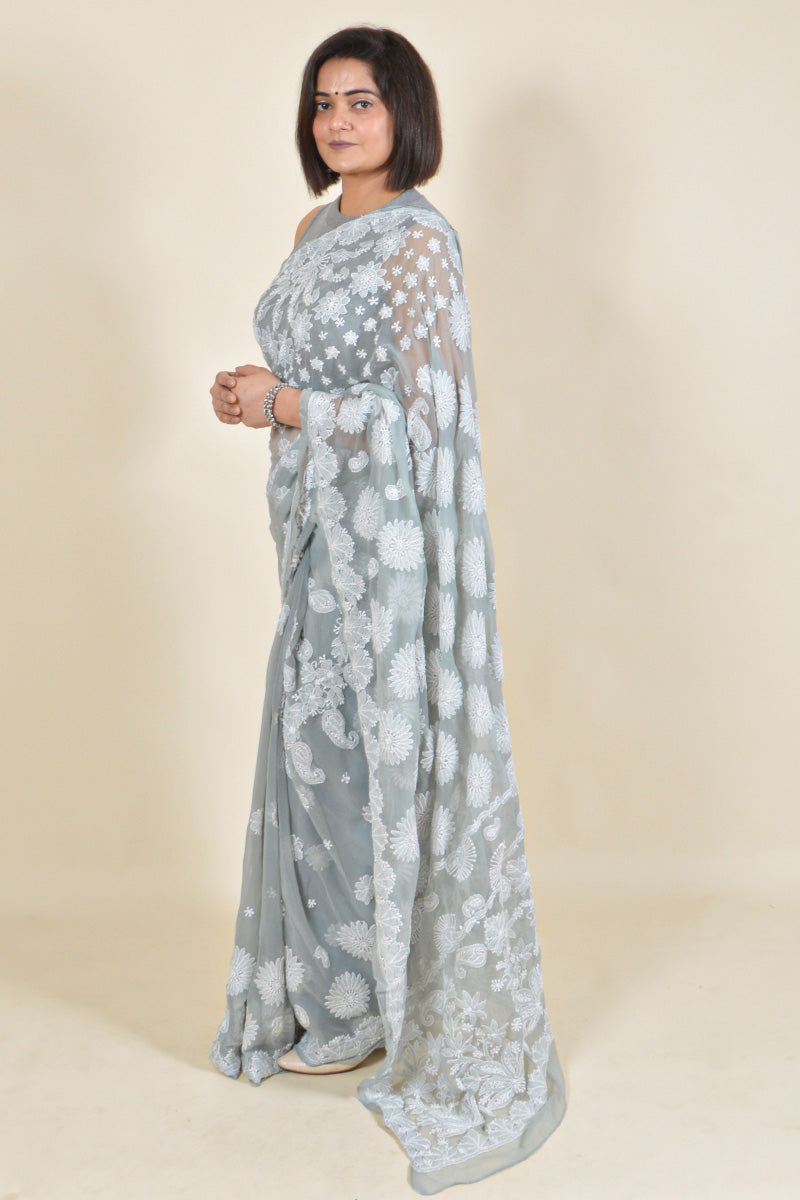 Grey colour Georgette Chikankari saree with Blouse