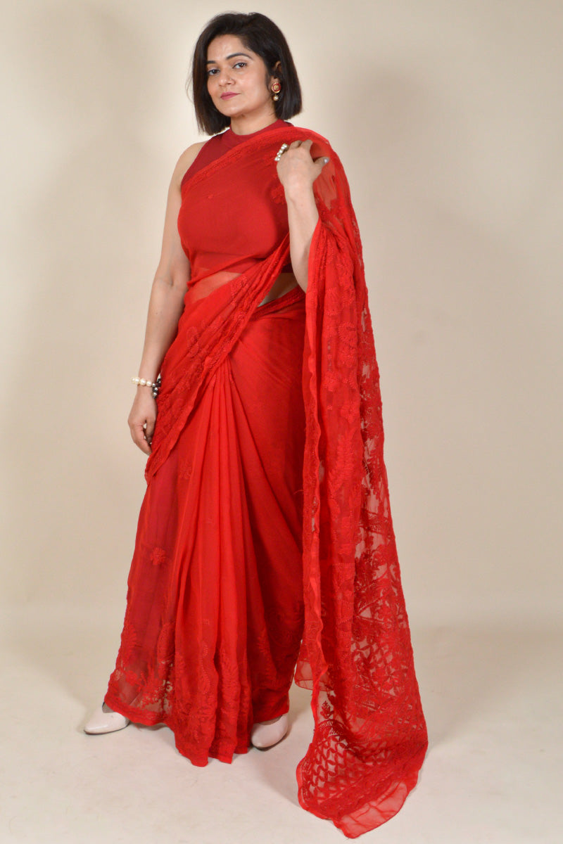 Red Colour Georgette Lucknowi Chikankari saree with Blouse