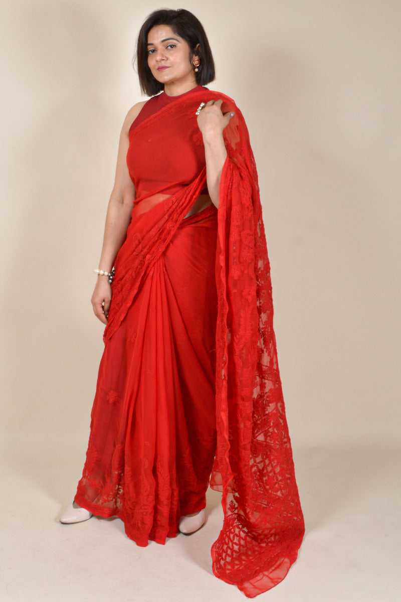 Fabnuma Handcrafted Red Georgette Chikankari Saree-Blouse - Fabnuma