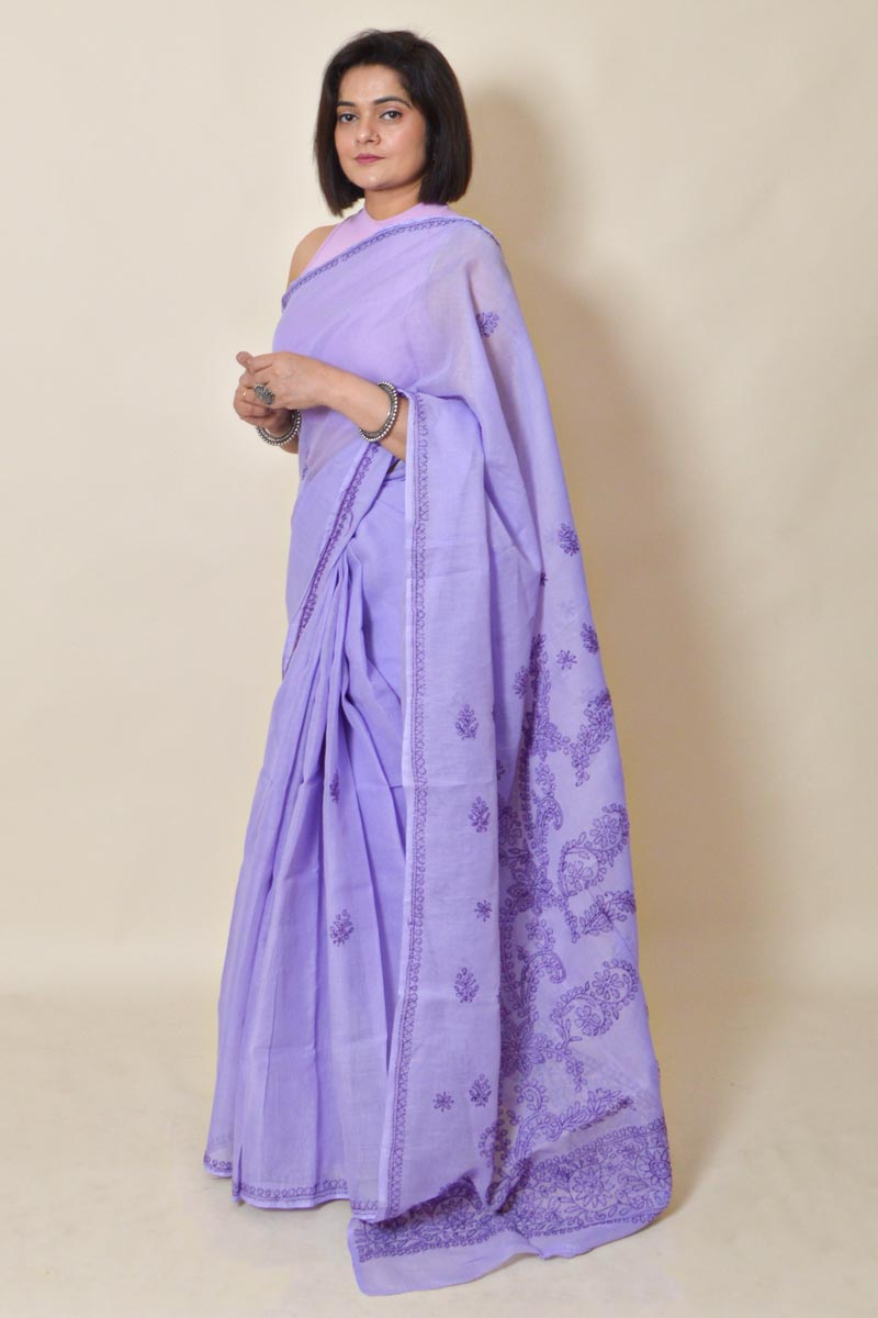 Lavender Colour Cotton  Lucknowi Chikankari saree with Blouse