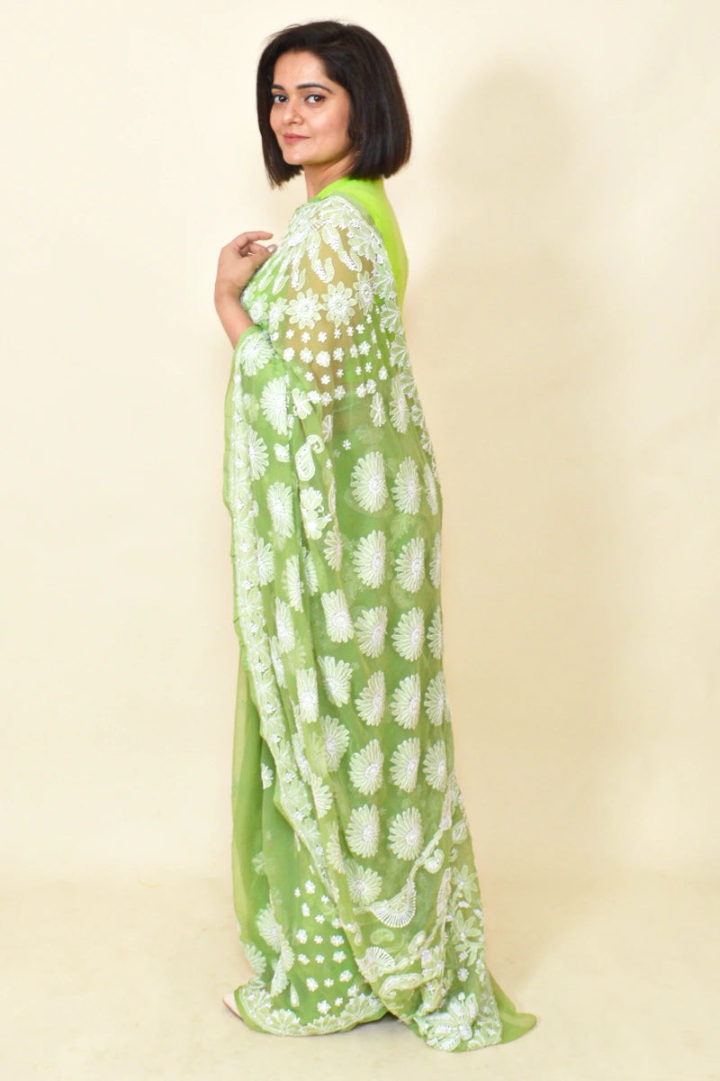 Fabnuma Handcrafted Green Georgette Chikankari Saree-Blouse