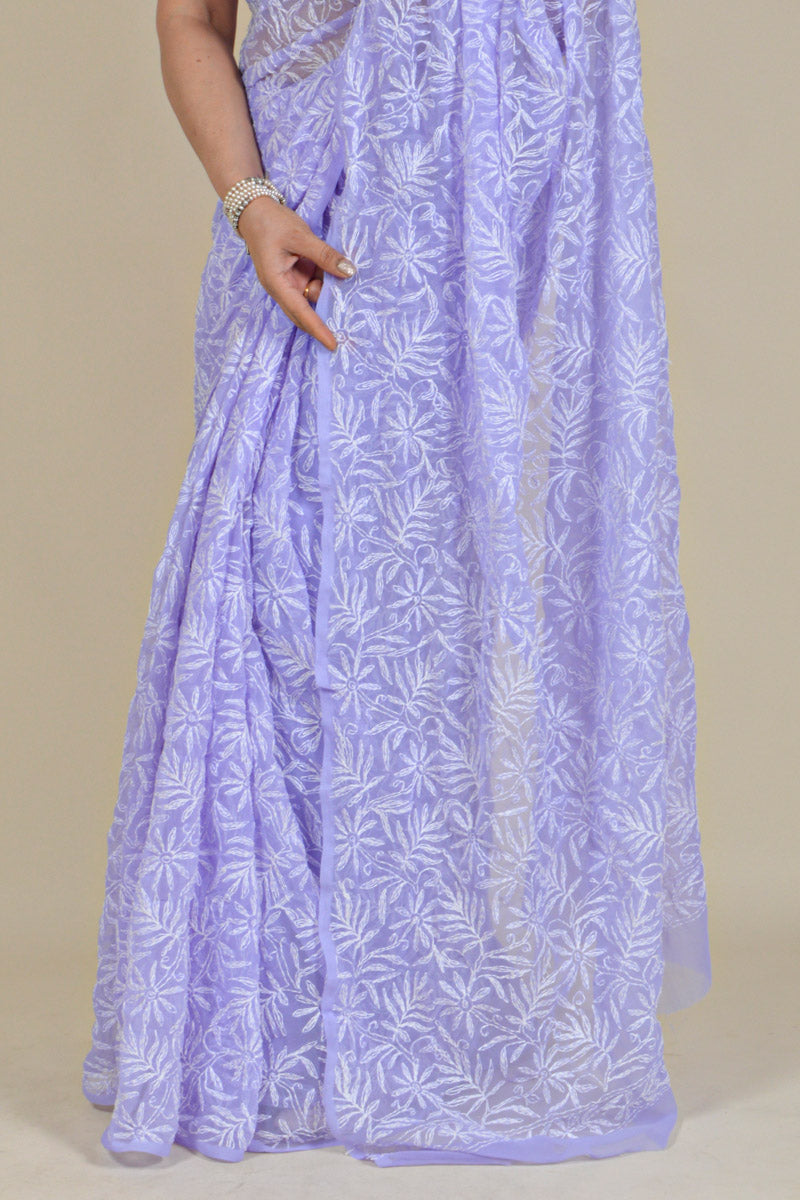 Lavender Colour Georgette Tepchi work Lucknowi Chikankari Saree with Blouse