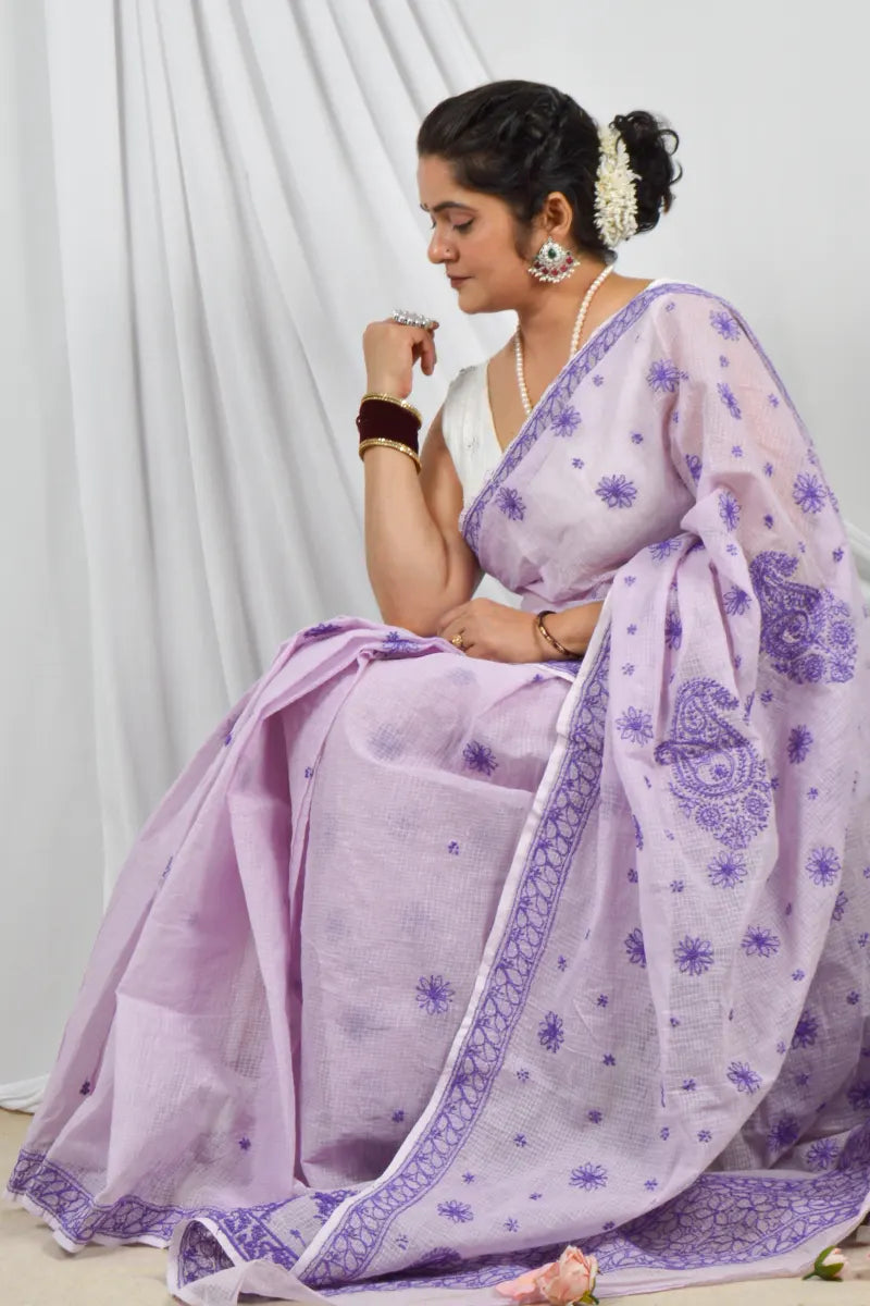 Handcrafted Lavender Kota Cotton Saree with Pearl & Sequin Work Designer Lucknowi Chikankari Embroidery and a matching Blouse, ideal for Festive and occasions.