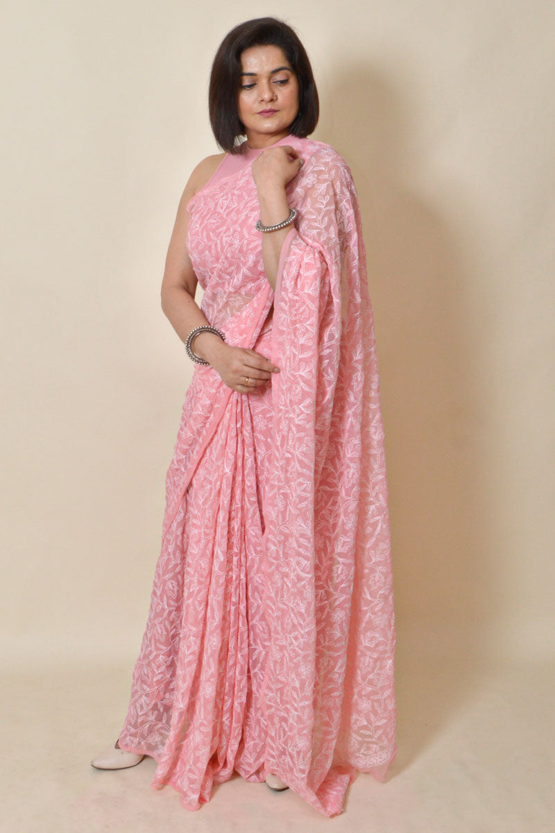 Peach Colour Georgette Tepchi Work Lucknowi Chikankari Saree With Blouse