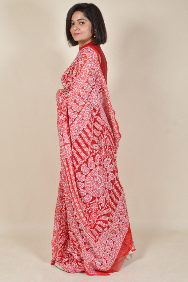 Red Colour Georgette Lucknowi Chikankari Saree With Blouse