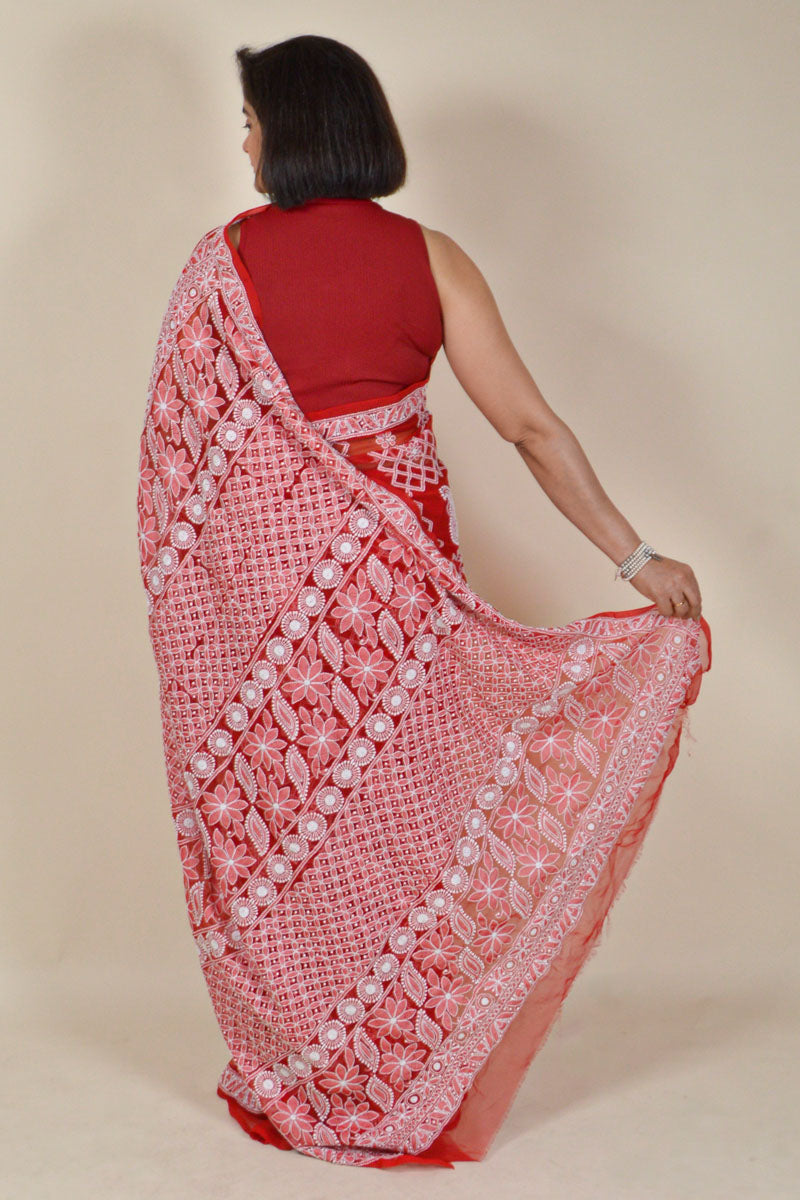 Red Colour Georgette Chikankaree Saree With Blouse