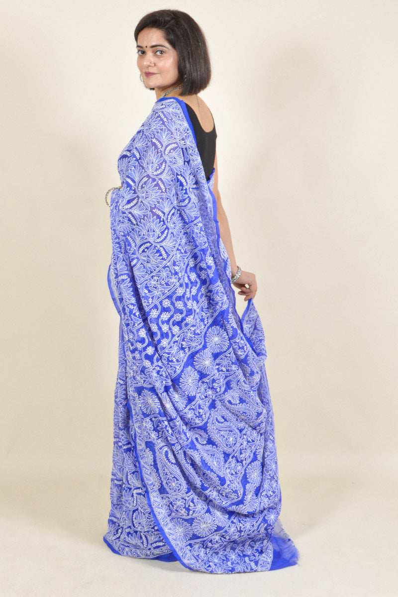 Blue Colour Georgette Lucknowi Chikankari Saree With Blouse