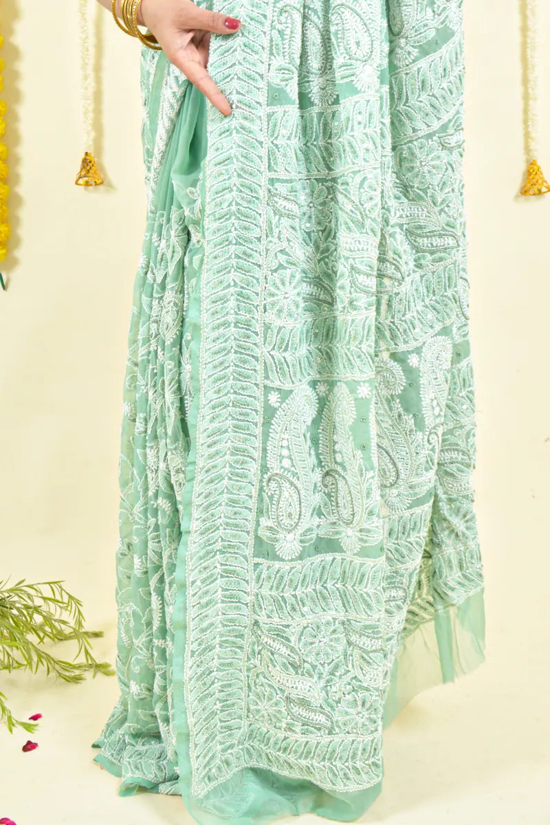 Fabnuma Handcrafted Pista Green Georgette Chikankari Saree-Blouse