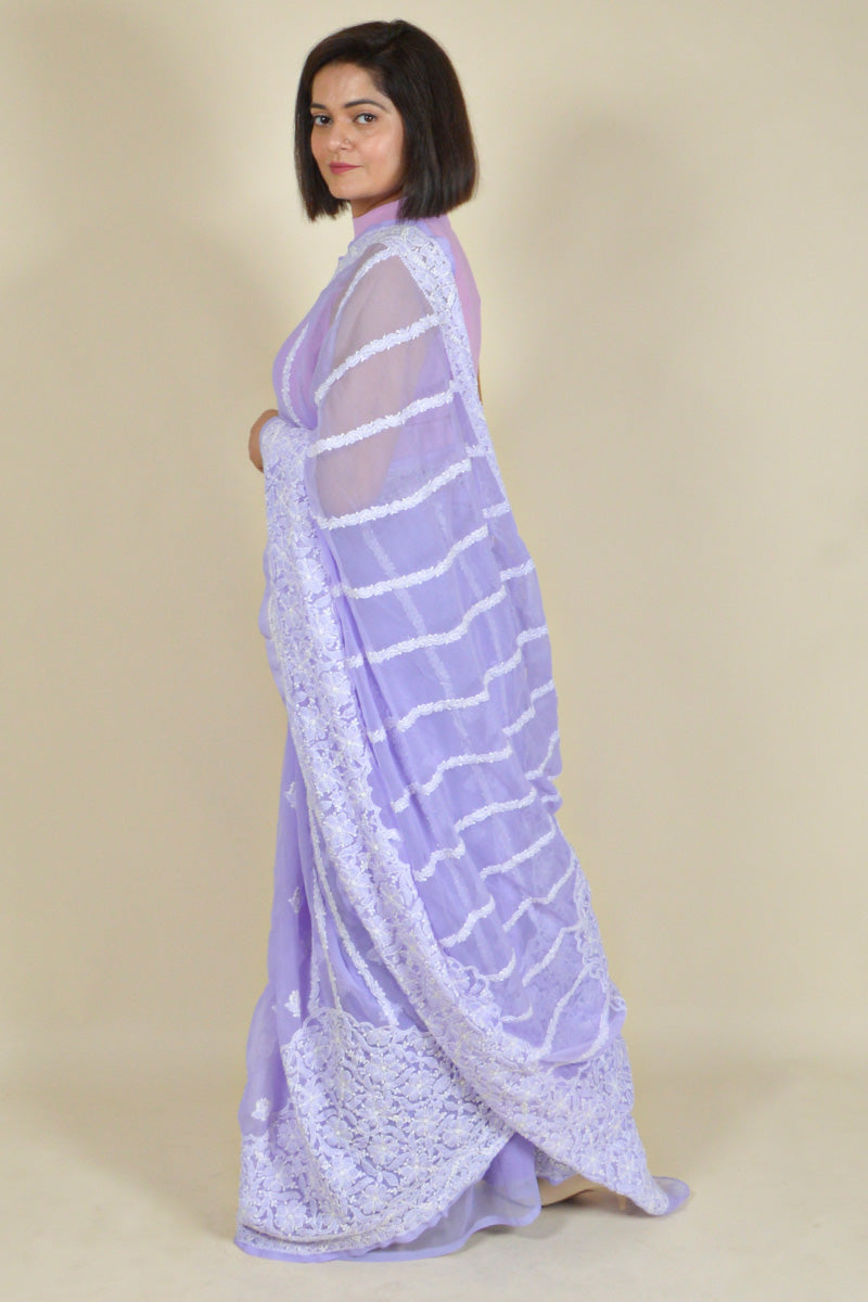 Lavender Colour Georgette Lucknowi Chikankari Saree With Blouse