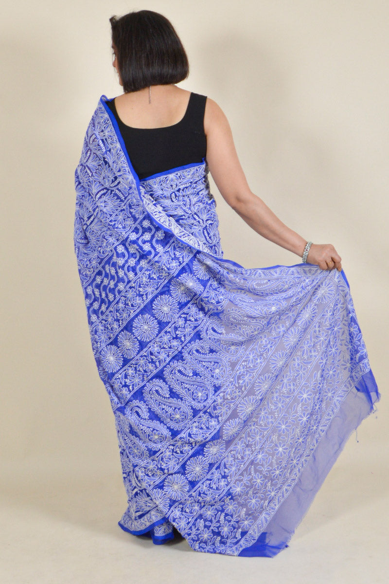 Blue Colour Georgette Lucknowi Chikankari Saree With Blouse