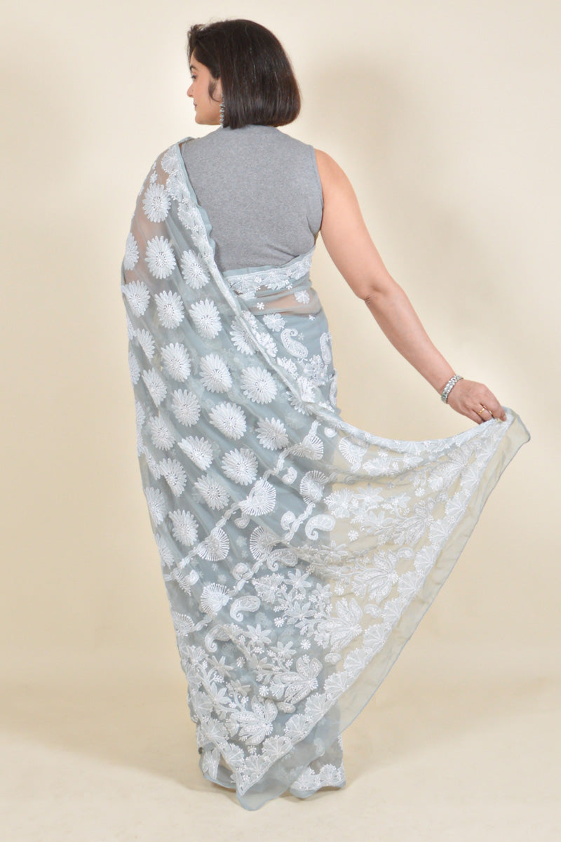 Grey Colour Georgette Chikankari Saree With Blouse