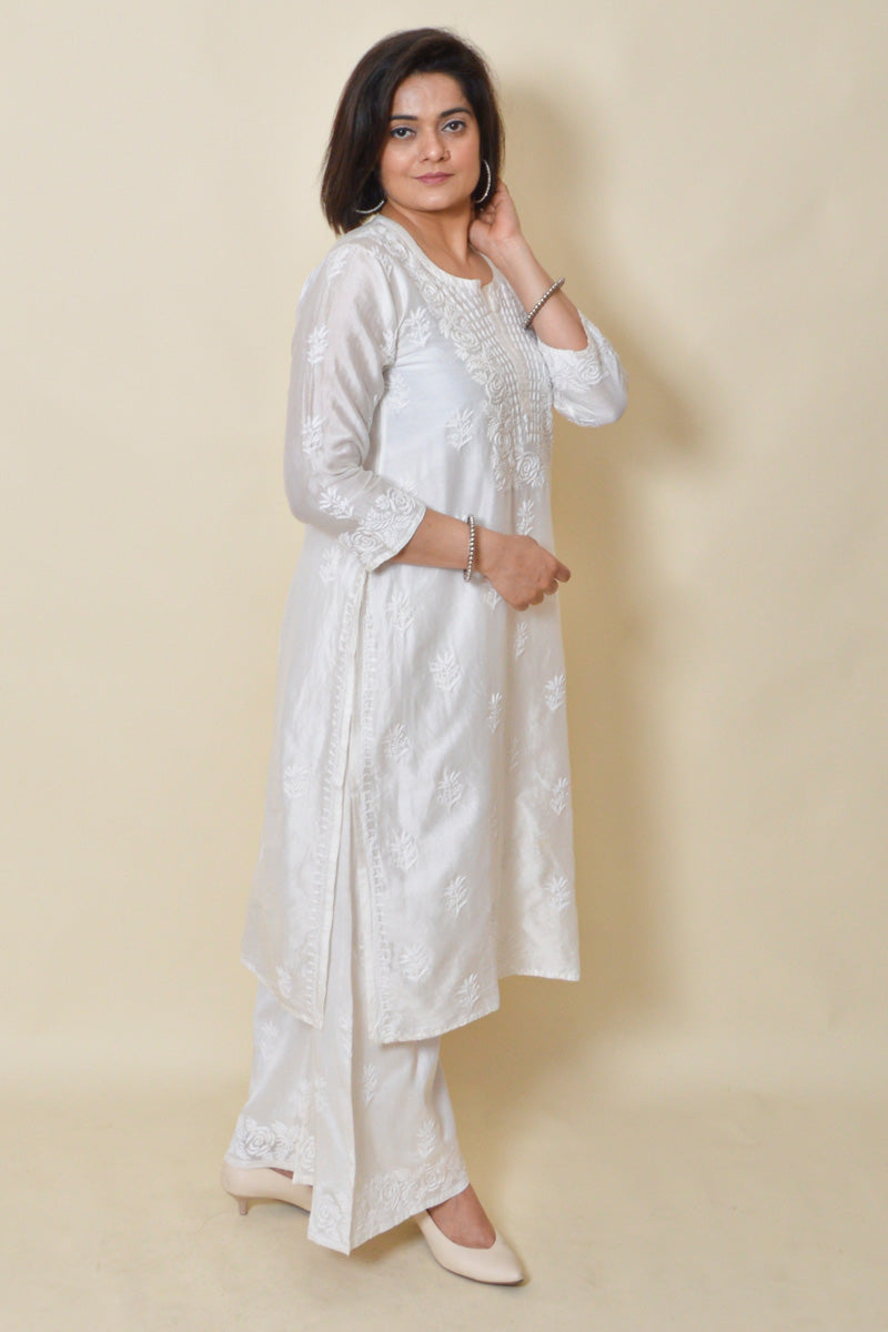 White Color Muslin Silk Lucknowi Chikankari Kurta Bottom Set
