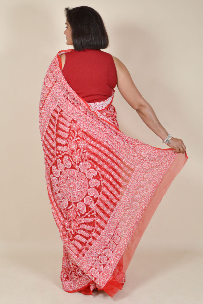 Red Colour Georgette Lucknowi Chikankari Saree With Blouse