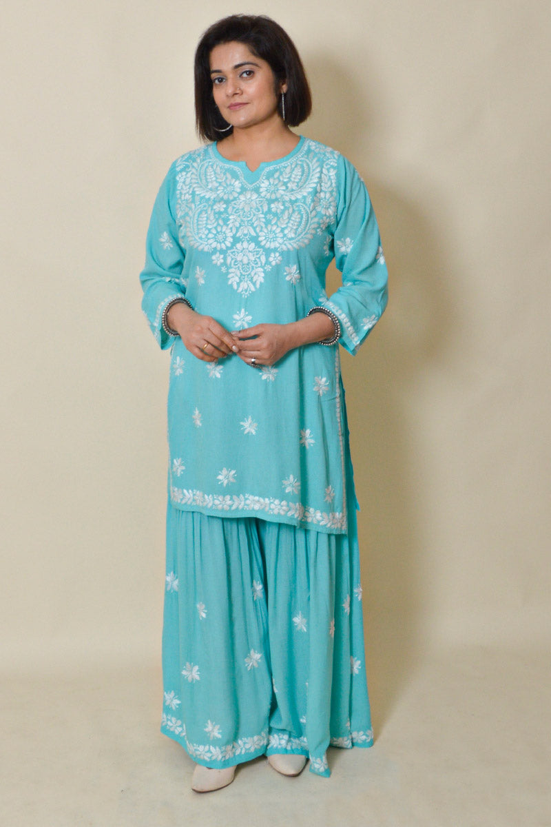 Sky Blue Color Rayon Cotton Lucknowi Chikankari Kurta Bottom Set