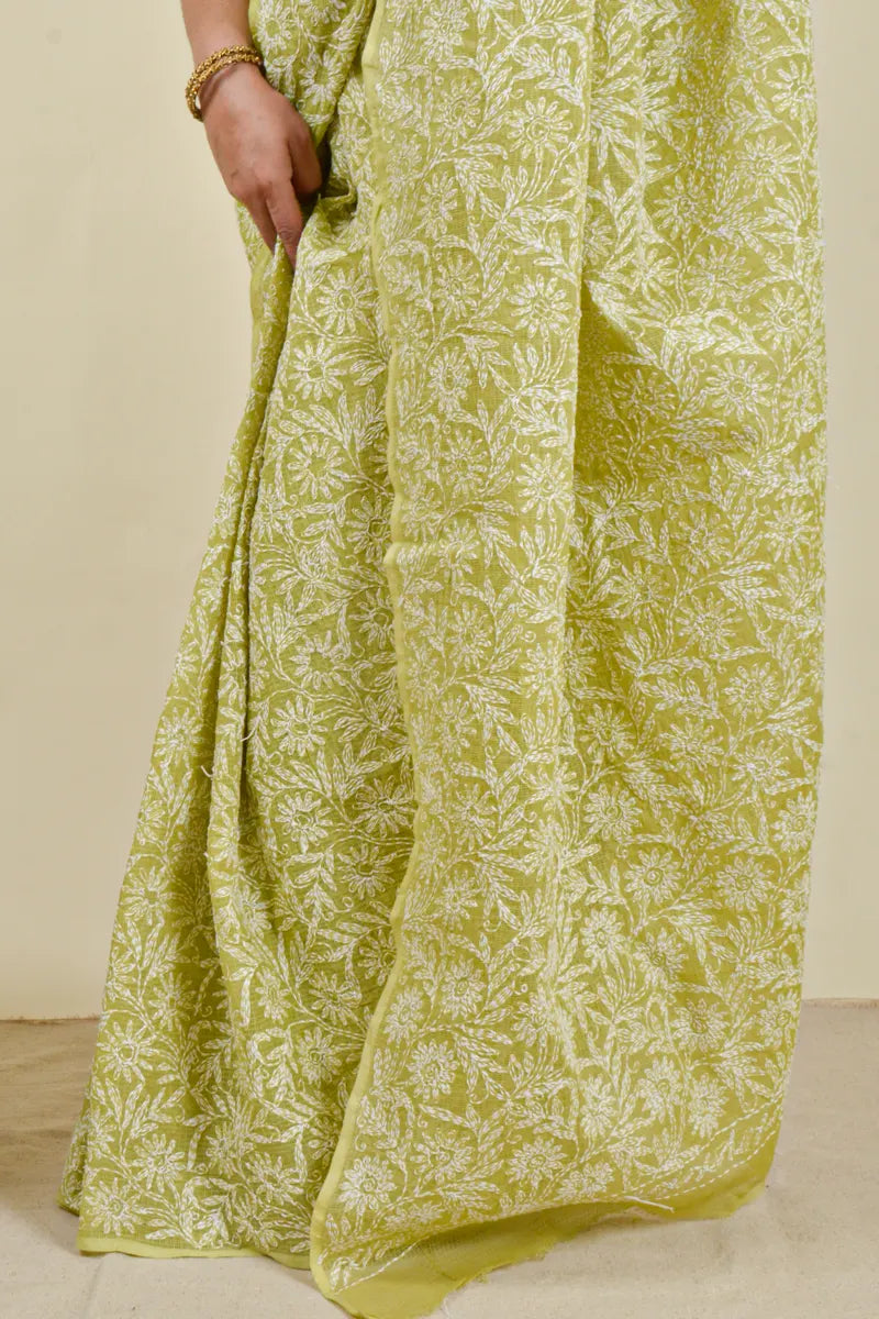 Fabnuma Handcrafted Green Kota Cotton Chikankari Saree with Blouse