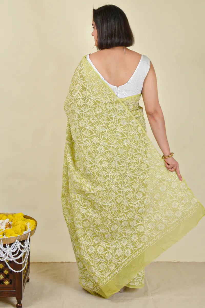 Fabnuma Handcrafted Green Kota Cotton Chikankari Saree with Blouse