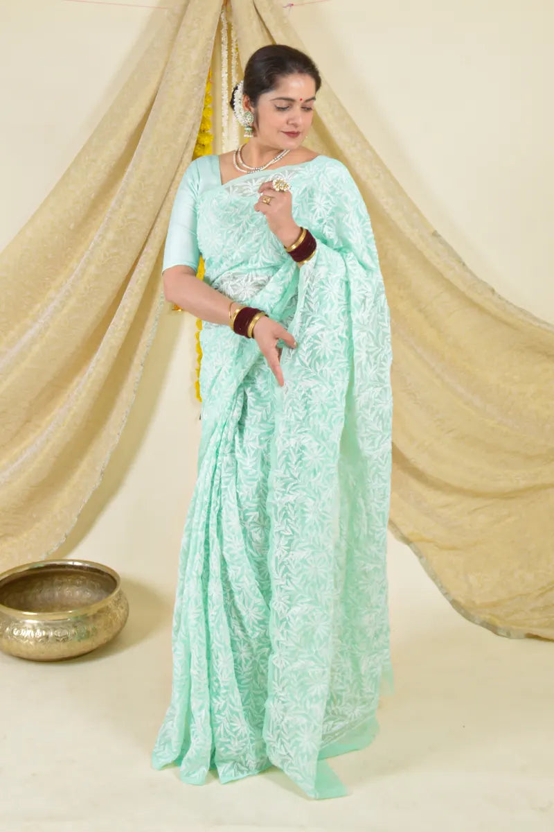 Fabnuma Handcrafted Mint Green Georgette Tepchi Work Chikankari Saree-Blouse