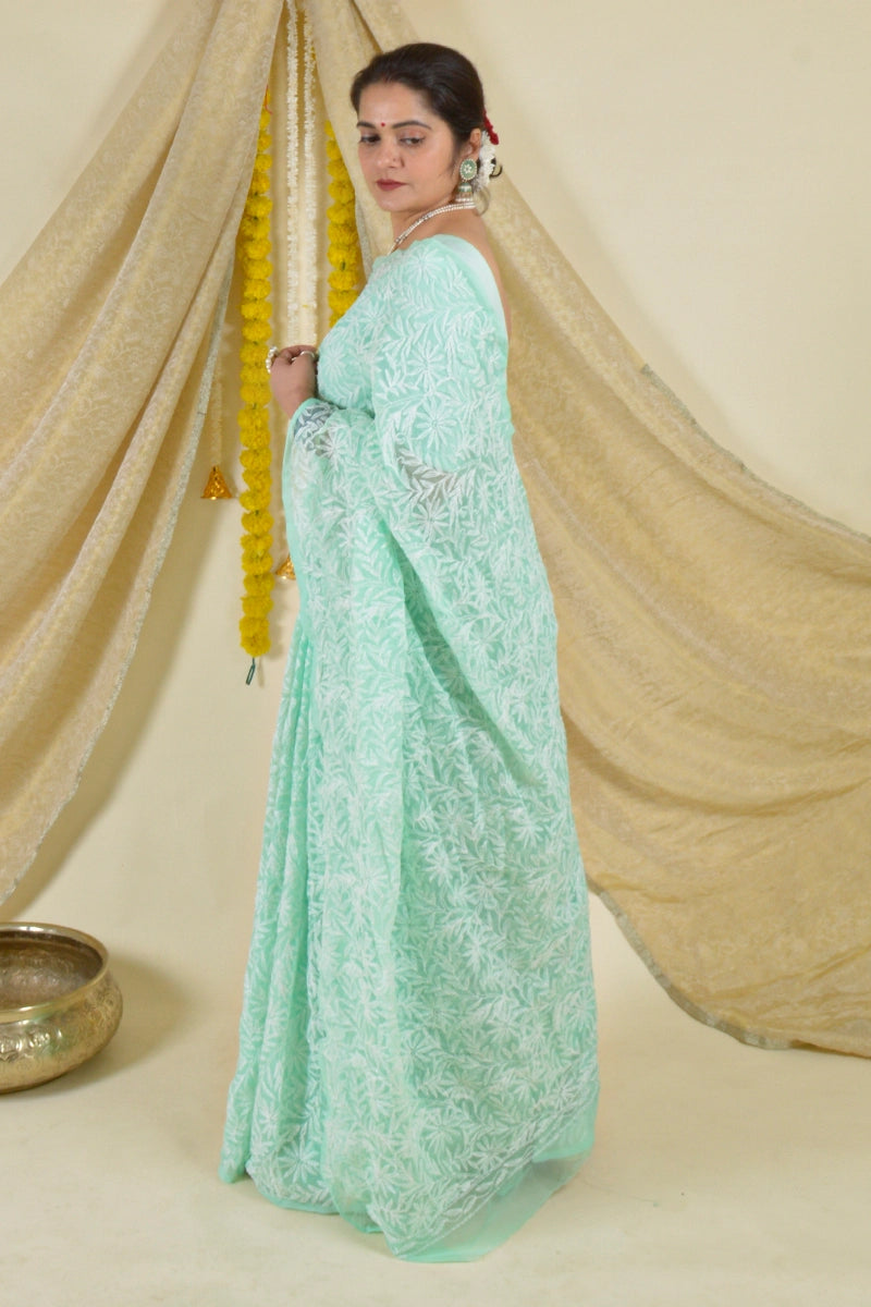 Fabnuma Handcrafted Mint Green Georgette Tepchi Work Chikankari Saree-Blouse