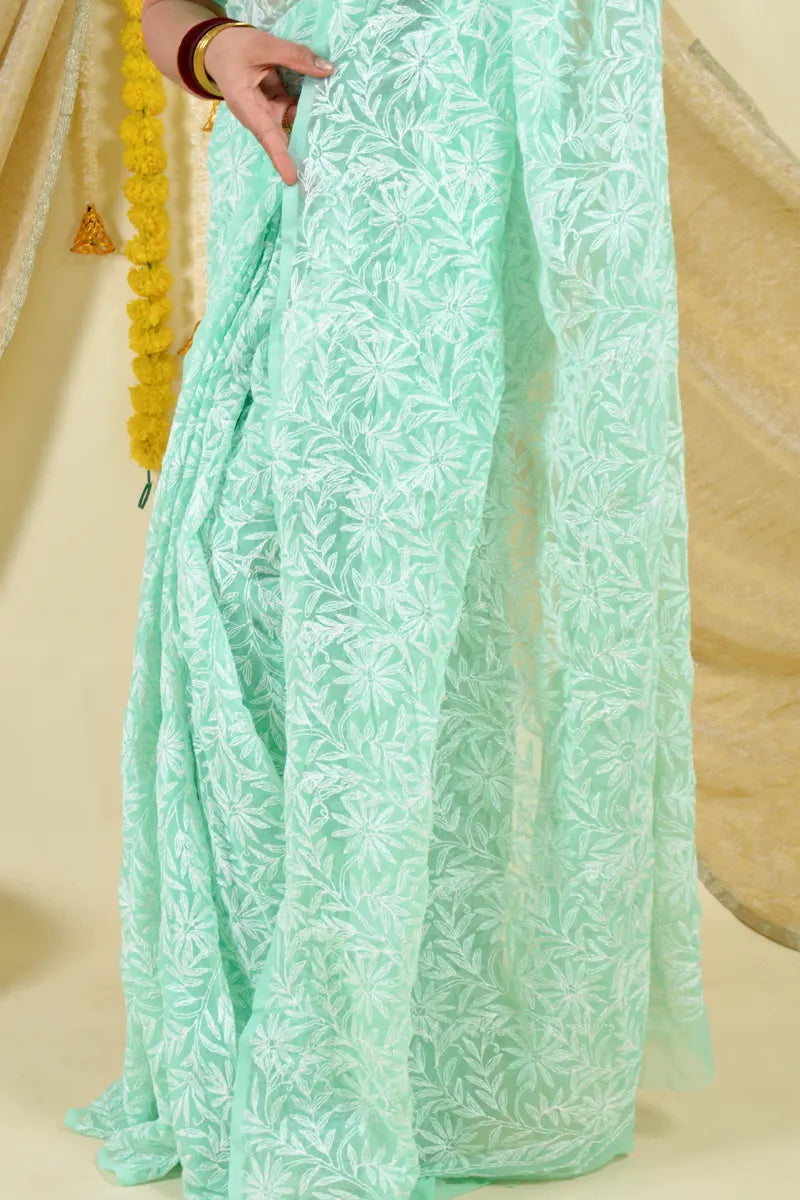Fabnuma Handcrafted Mint Green Georgette Tepchi Work Chikankari Saree-Blouse