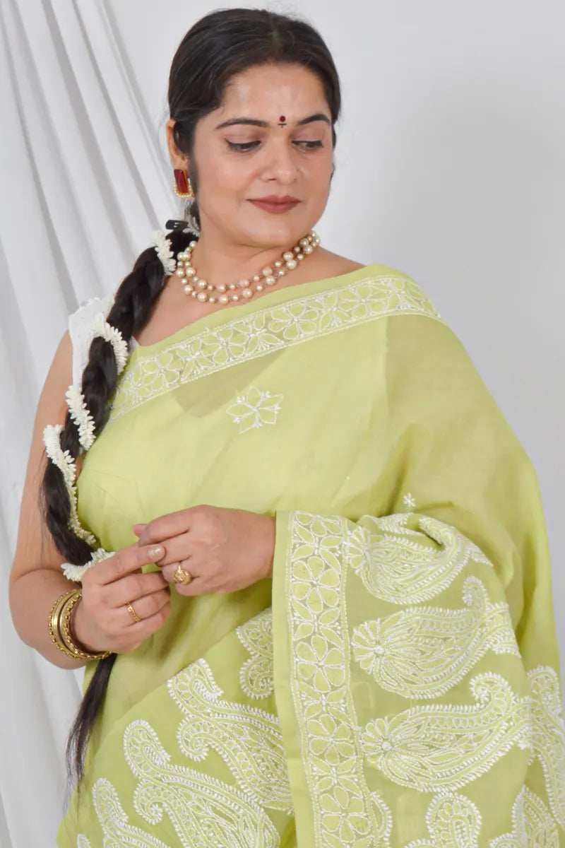 Handcrafted Green Skirt Palla Cotton Saree with intricate Lucknowi Chikankari embroidery and a matching Blouse, ideal for Festive and occasions.