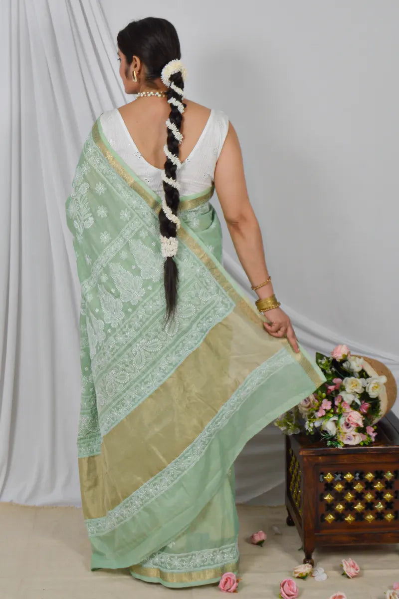 Fabnuma Handcrafted Green Border Palla Chanderi Cotton Saree with Blouse Lucknowi Chikankari