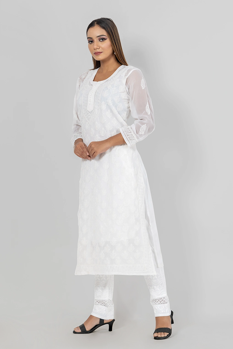 Fabnuma Hand Embroidered Lucknowi Chikankari Kurti - White Georgette Front Jaal Embroidery