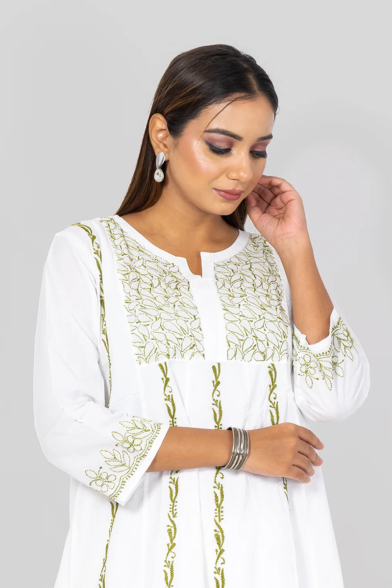 Fabnuma Hand Embroidered Lucknowi Chikankari Long Kurti White Cotton Designer Bakhiya Fanda