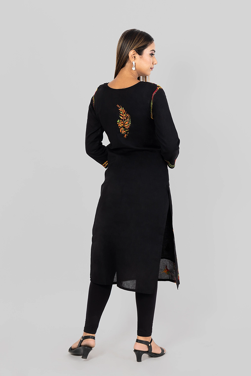 Fabnuma Hand Embroidered Lucknowi Chikankari Kurti - Black Cotton Designer Pattern