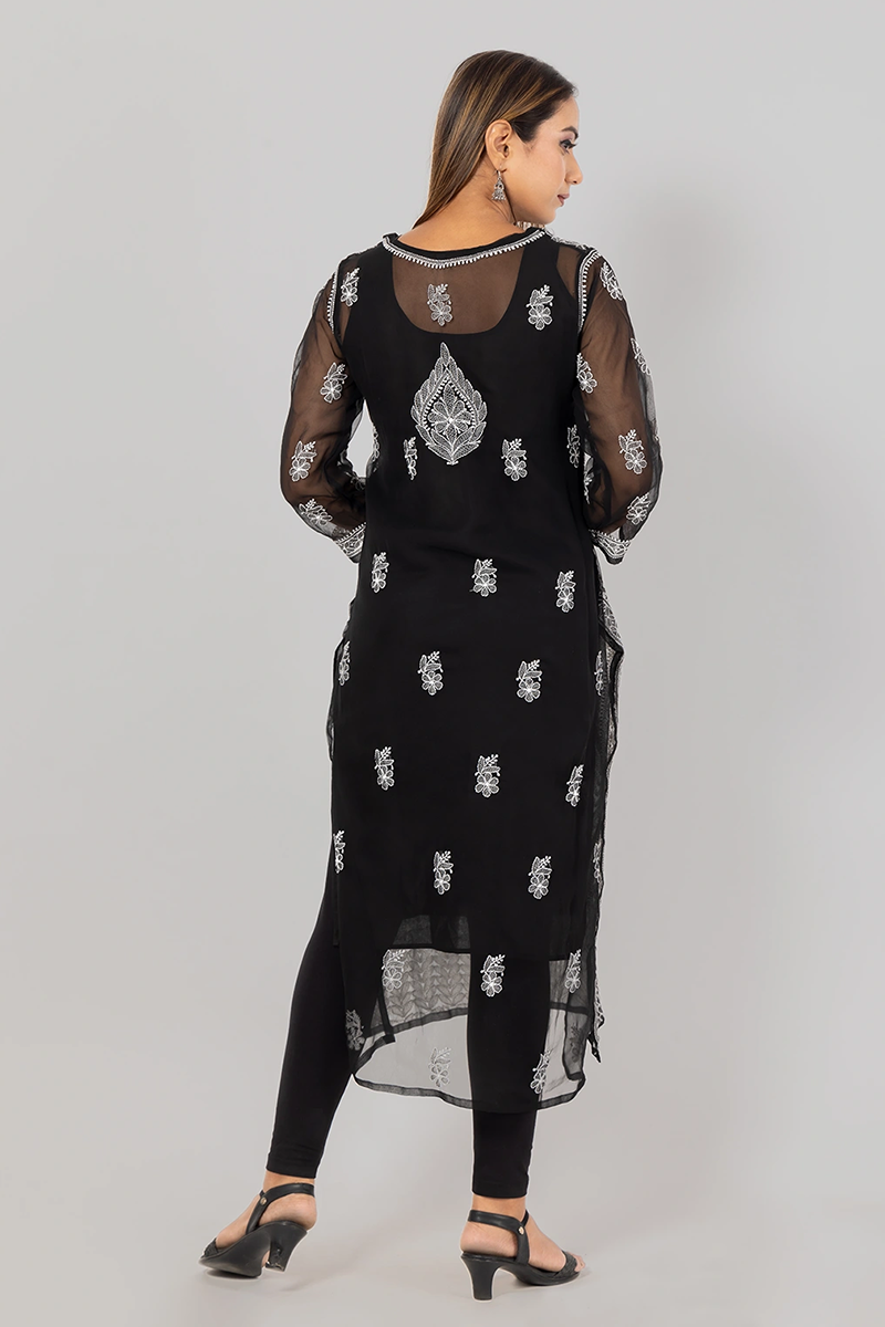 Fabnuma Hand Embroidered Black Georgette Lucknowi Chikankari Kurti Front Jaal