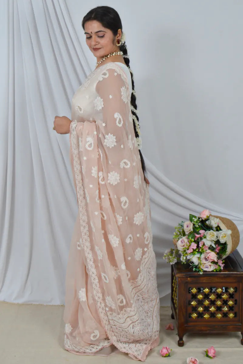 Handcrafted Light Beige Georgette Saree with intricate Lucknowi Chikankari Embroidery and a matching Blouse, ideal for Festive and occasions.